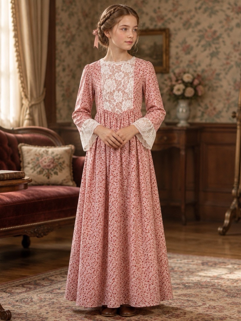 Scarlet Darkness Girls 12–13Y Pink Floral Lace Victorian/Prairie Maxi Dress NWT